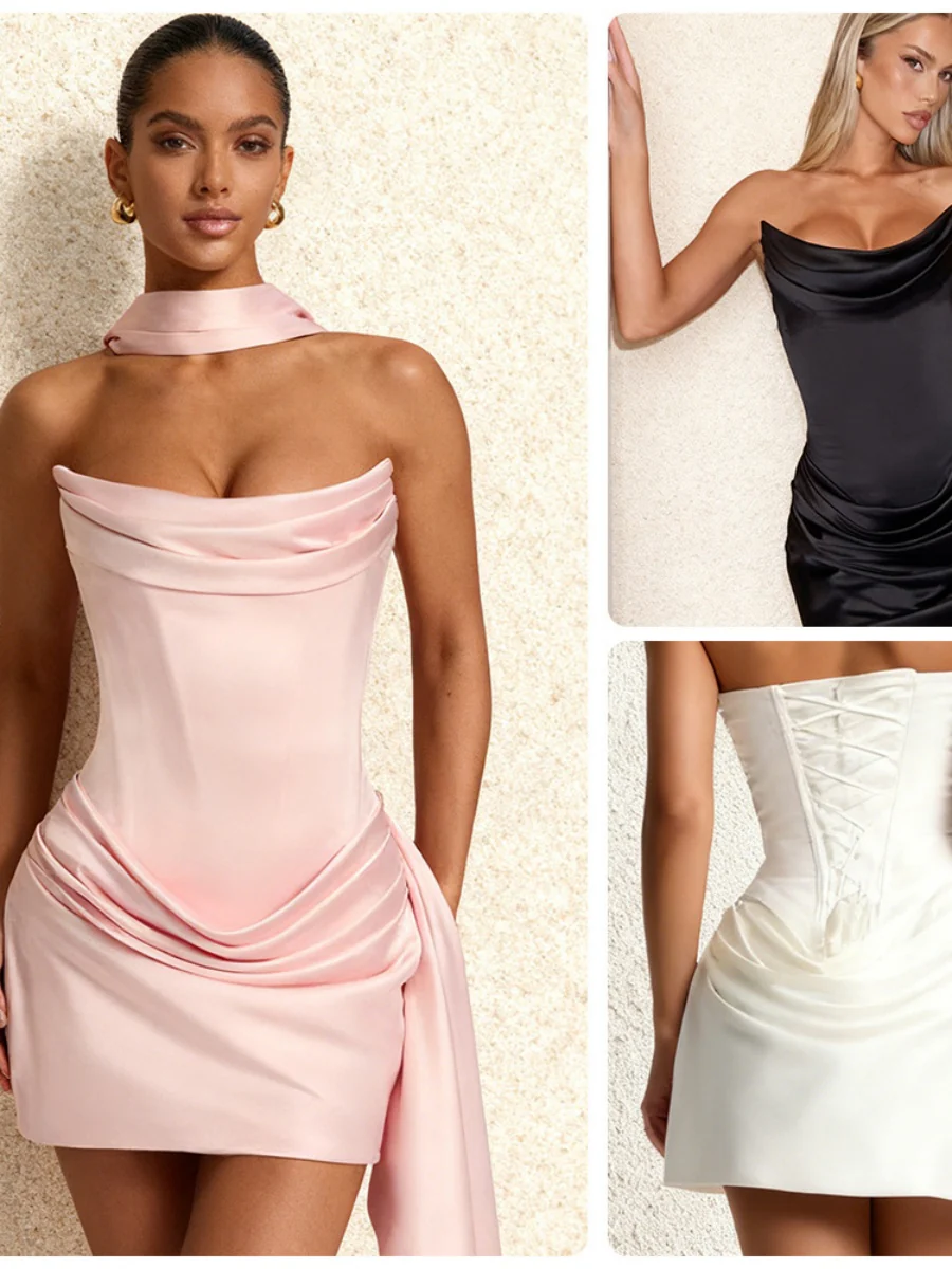 Satin Halter Tube Top Fish Bones Ribbon Formal Dress Mini&Short Dresses - Image 23