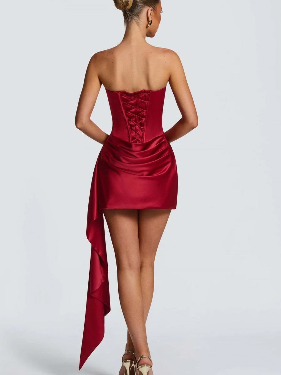 Satin Halter Tube Top Fish Bones Ribbon Formal Dress Mini&Short Dresses - Image 3