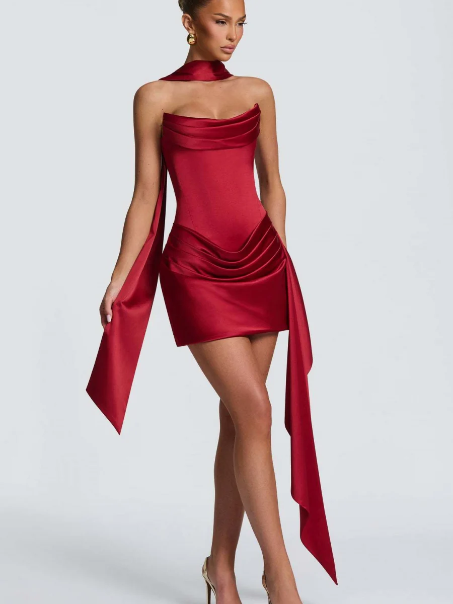 Satin Halter Tube Top Fish Bones Ribbon Formal Dress Mini&Short Dresses - Image 4
