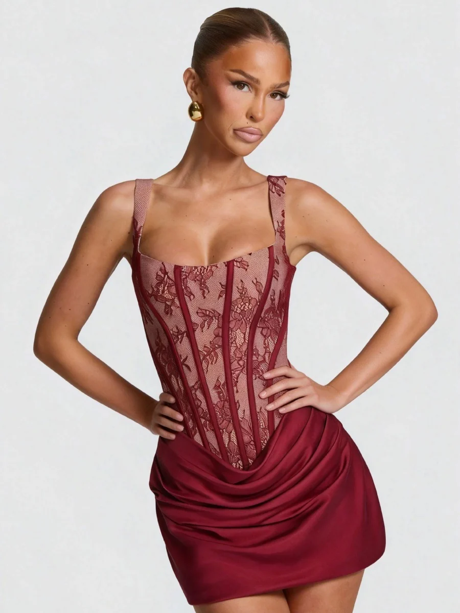 Lace Floral Gathering Waist Corset Formal Dress Mini&Short Dresses - Image 4