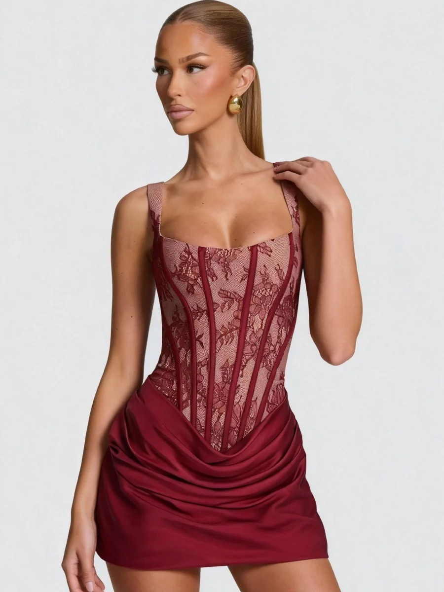 Lace Floral Gathering Waist Corset Formal Dress Mini&Short Dresses - Image 5
