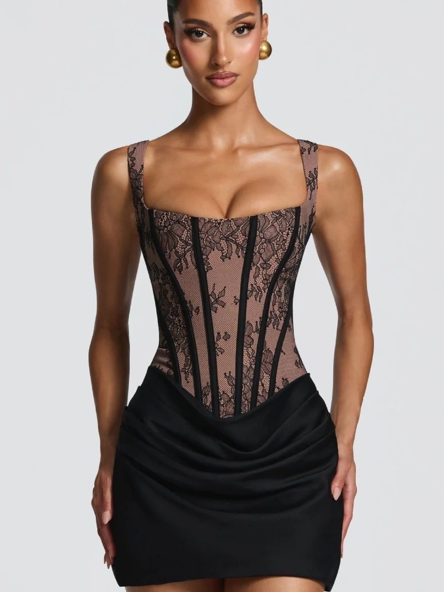 Lace Floral Gathering Waist Corset Formal Dress Mini&Short Dresses - Image 9
