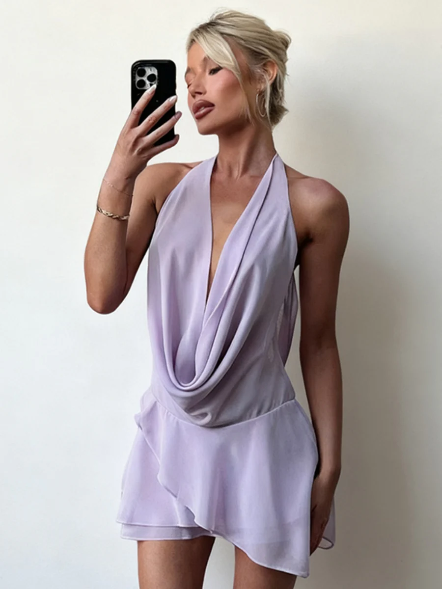 Swing Collar Chiffon Halter Reunion Mini&Short Dresses - Image 16