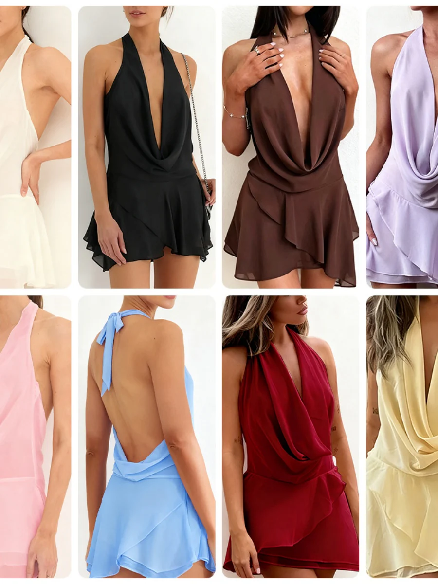 Swing Collar Chiffon Halter Reunion Mini&Short Dresses - Image 2