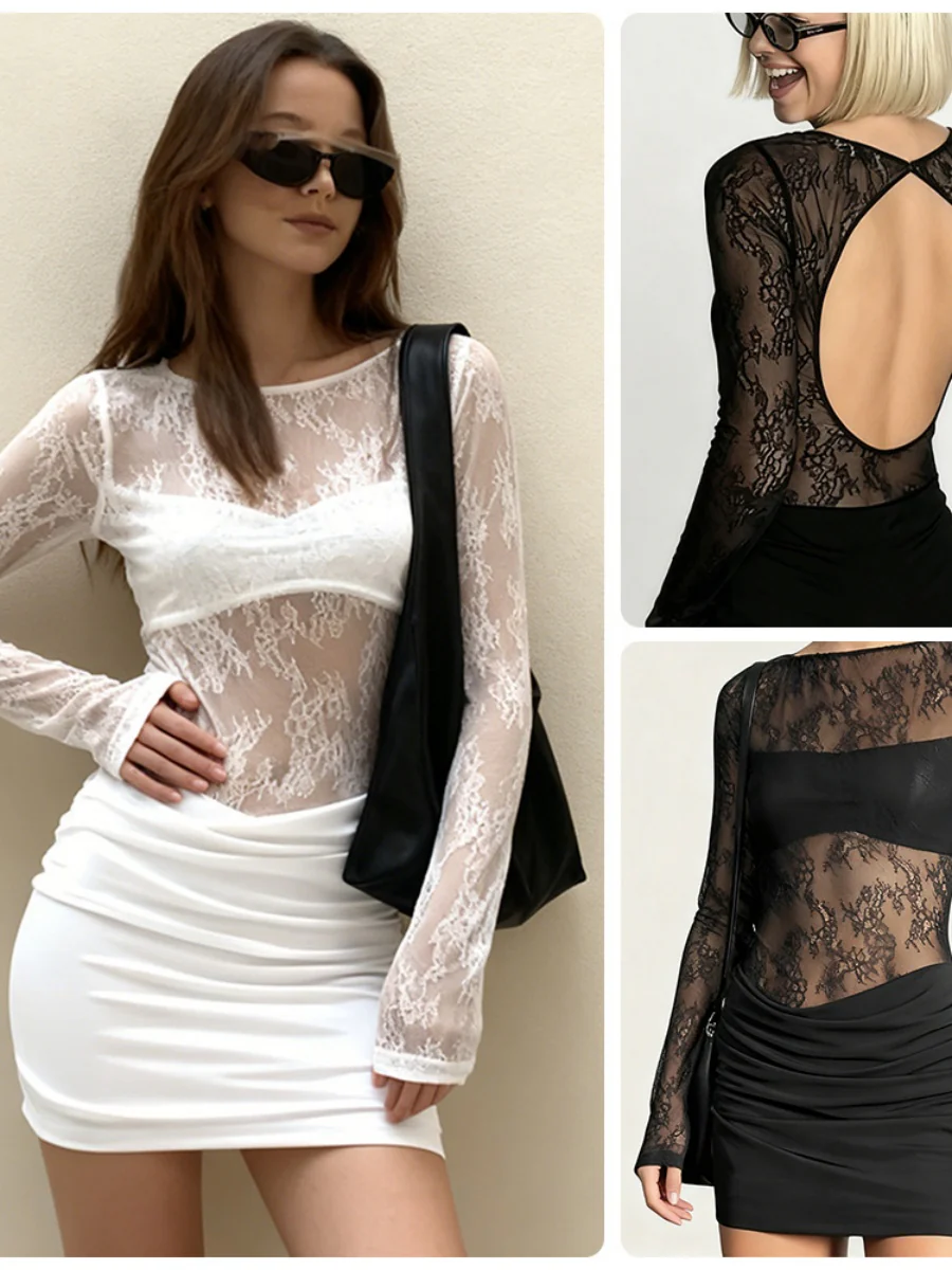 Mesh Lace Splicing Bodycon Dress Mini&Short Dresses - Image 3