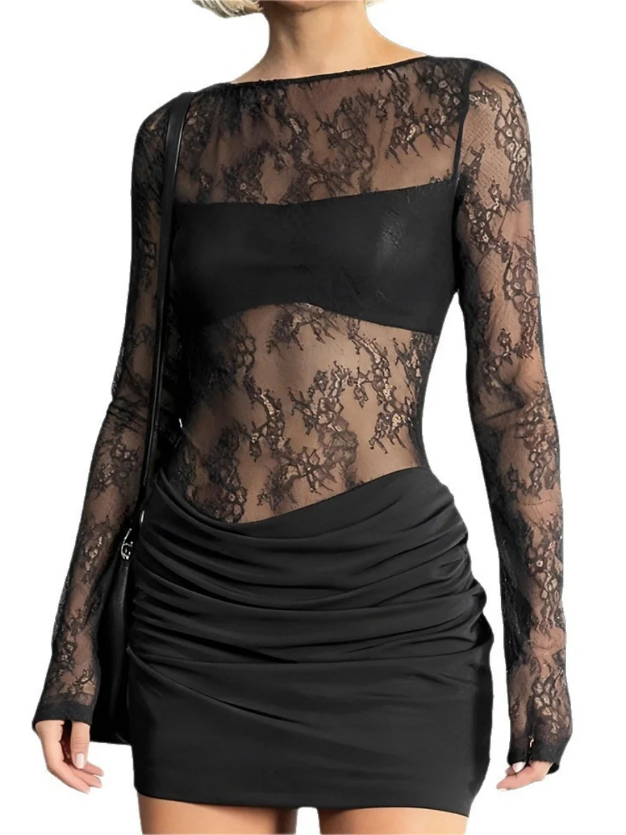 Mesh Lace Splicing Bodycon Dress Mini&Short Dresses - Image 5