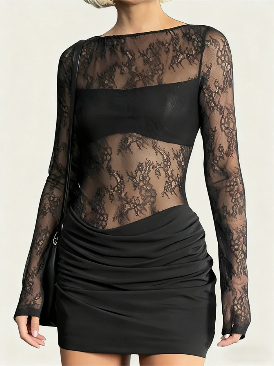 Mesh Lace Splicing Bodycon Dress Mini&Short Dresses - Image 6