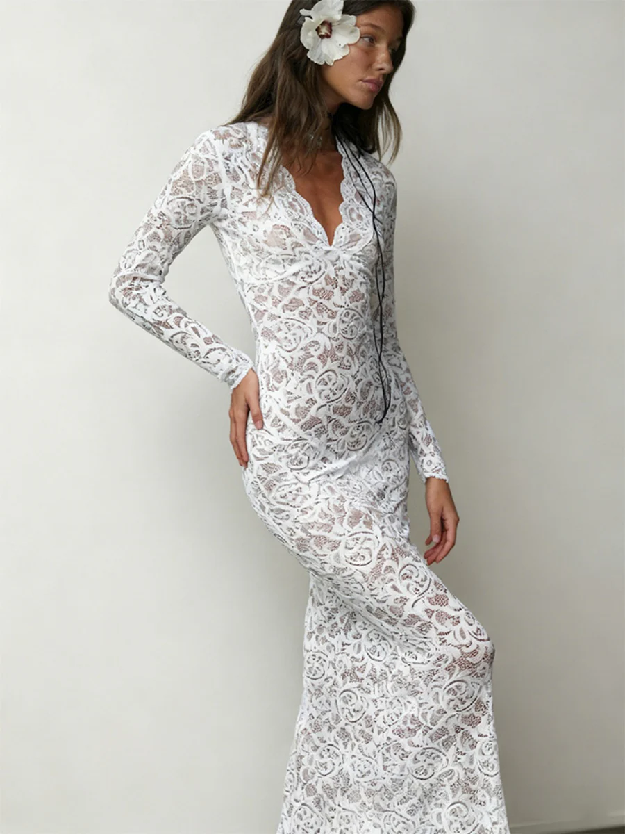 Lace Hip-hugging Flared Sleeves Maxi Dresses - Image 3