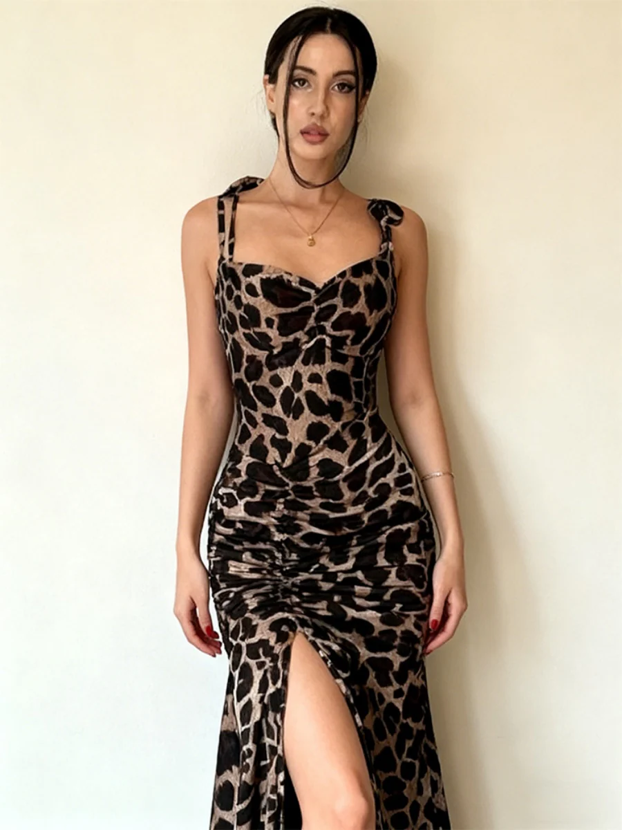 Camisoles Slits Gathering Leopard Print Maxi Dresses - Image 4