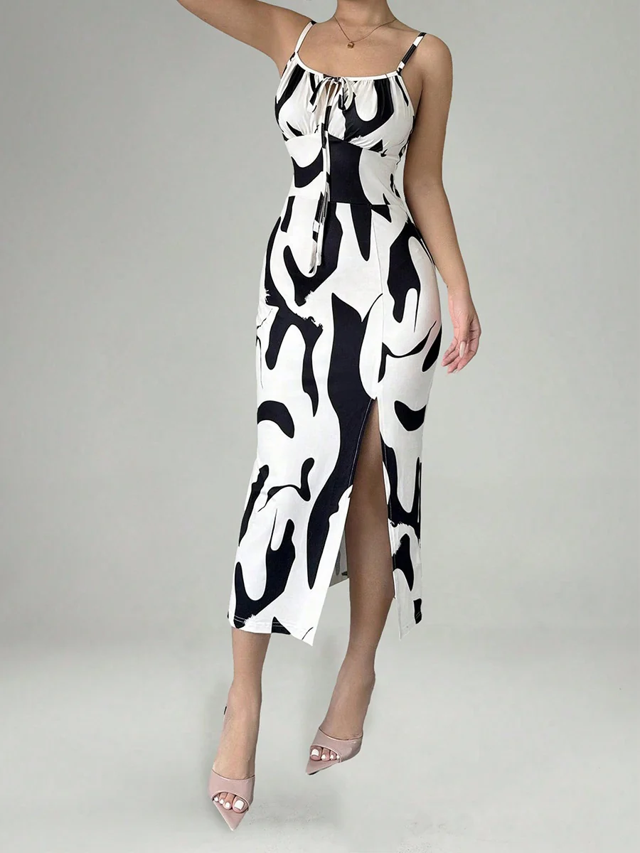 Zebra Print Sexy Vacation-style Slip Dress With Slit Midi Dress - Image 3