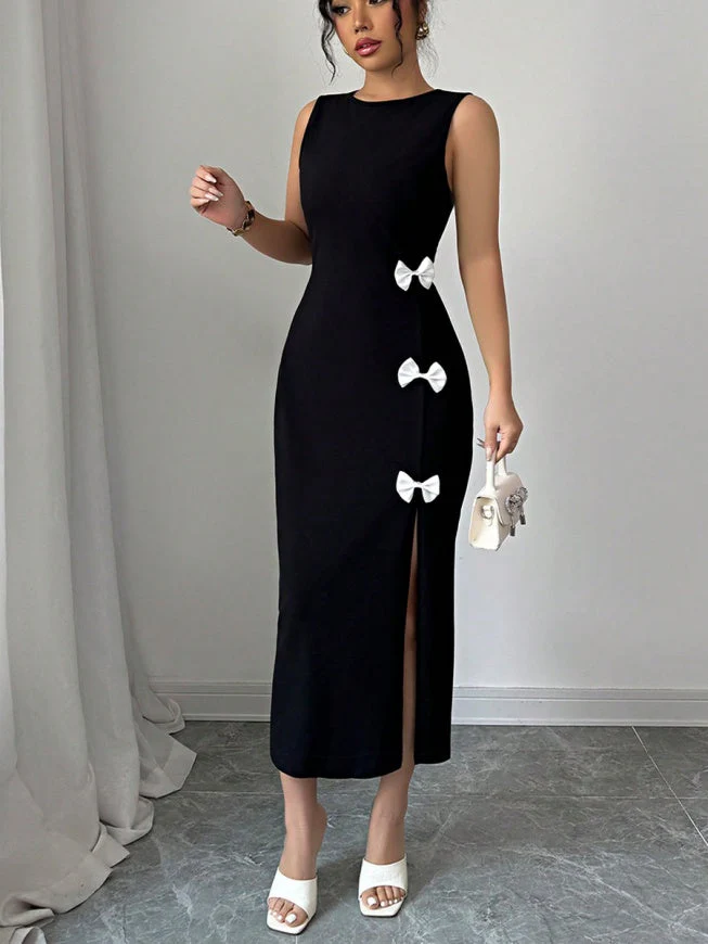 Bow Slit Sleeveless Maxi Dresses - Image 4