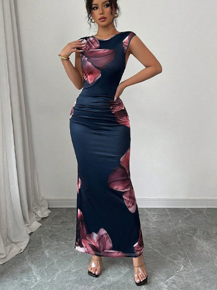 Floral Printed Sleeveless Hip Maxi Dresses - Image 4