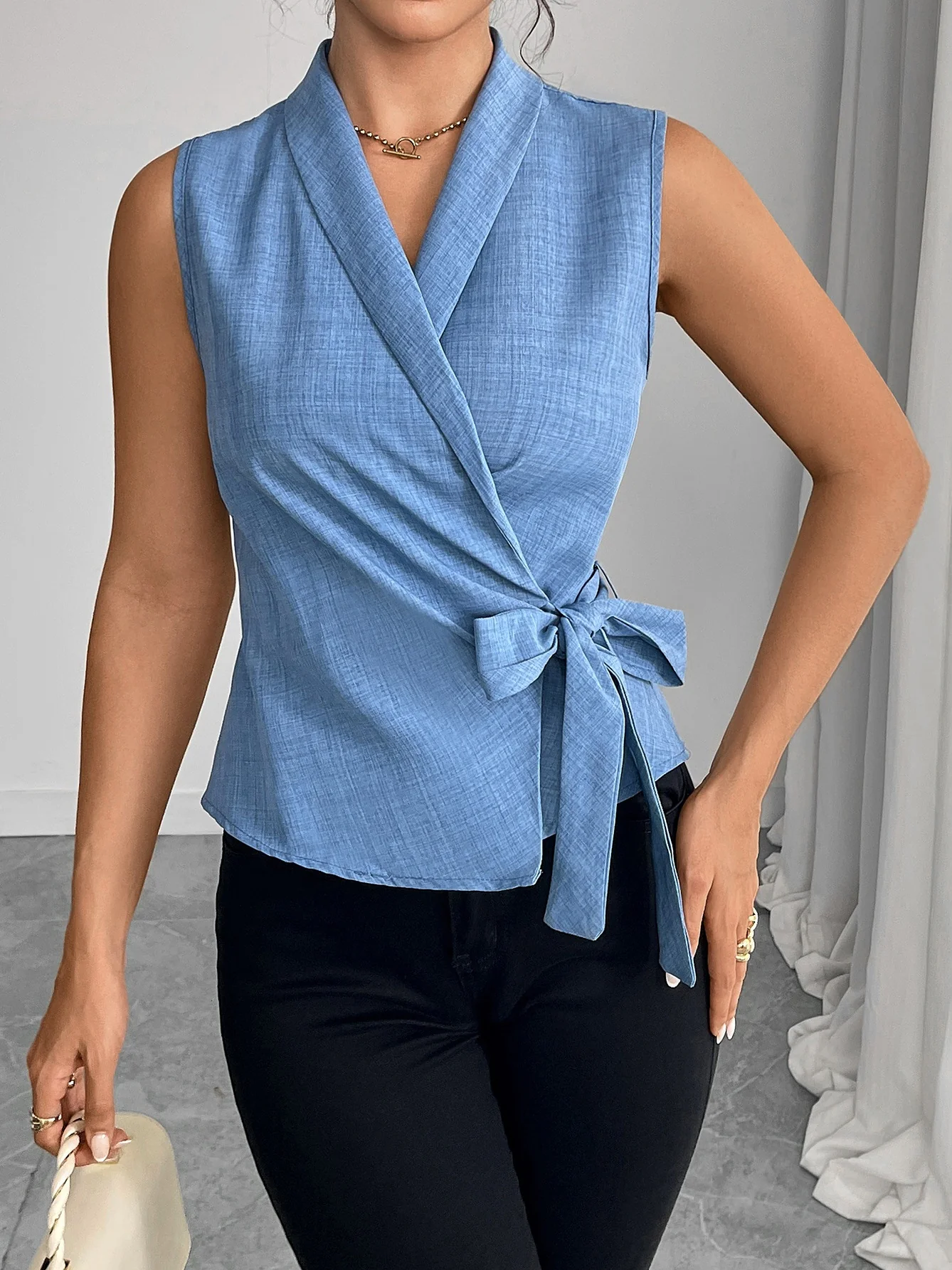 Sky Blue Sleeveless Tank Top With Tie-up Details - Image 3