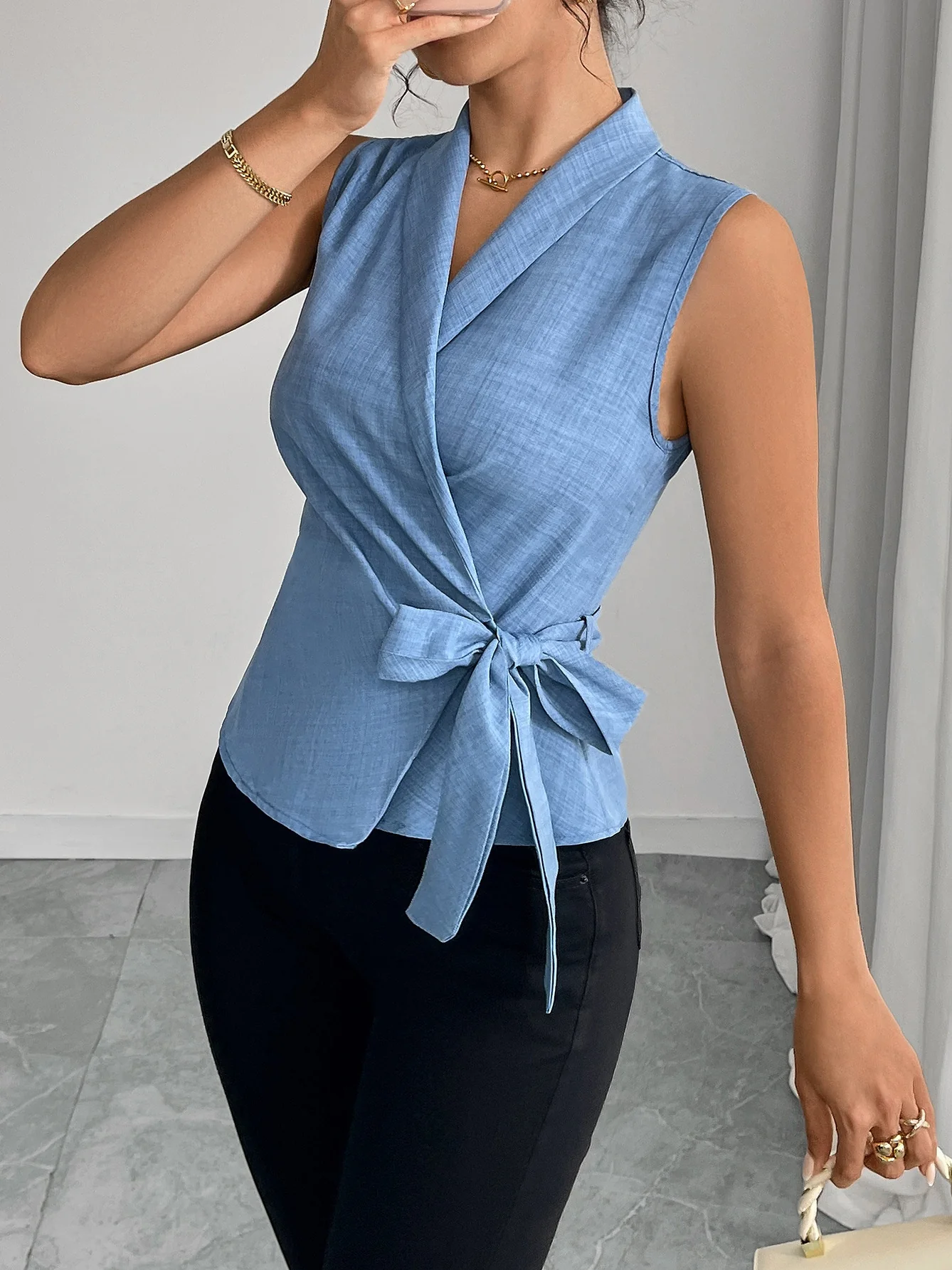 Sky Blue Sleeveless Tank Top With Tie-up Details - Image 4