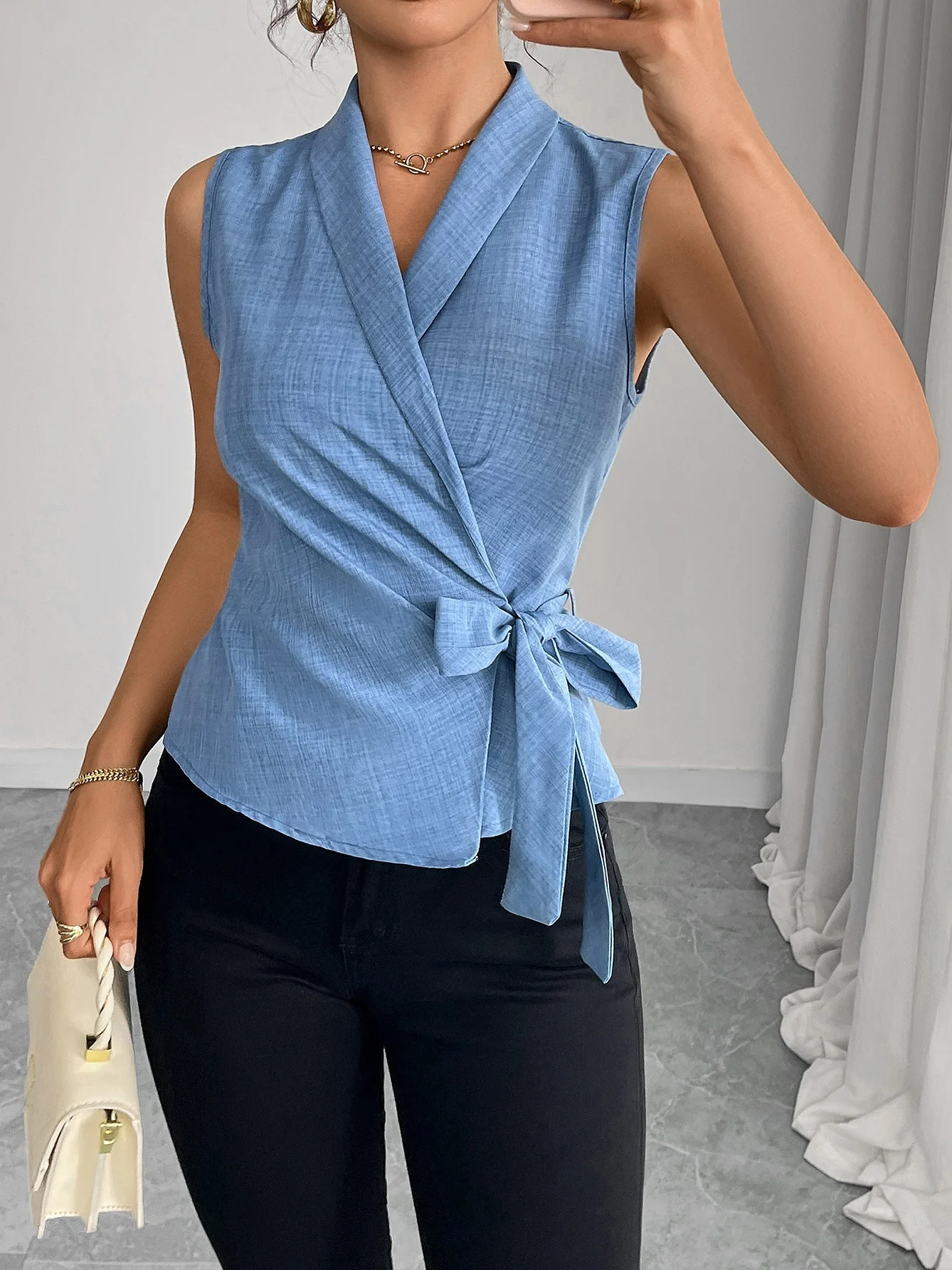 Sky Blue Sleeveless Tank Top With Tie-up Details - Image 5