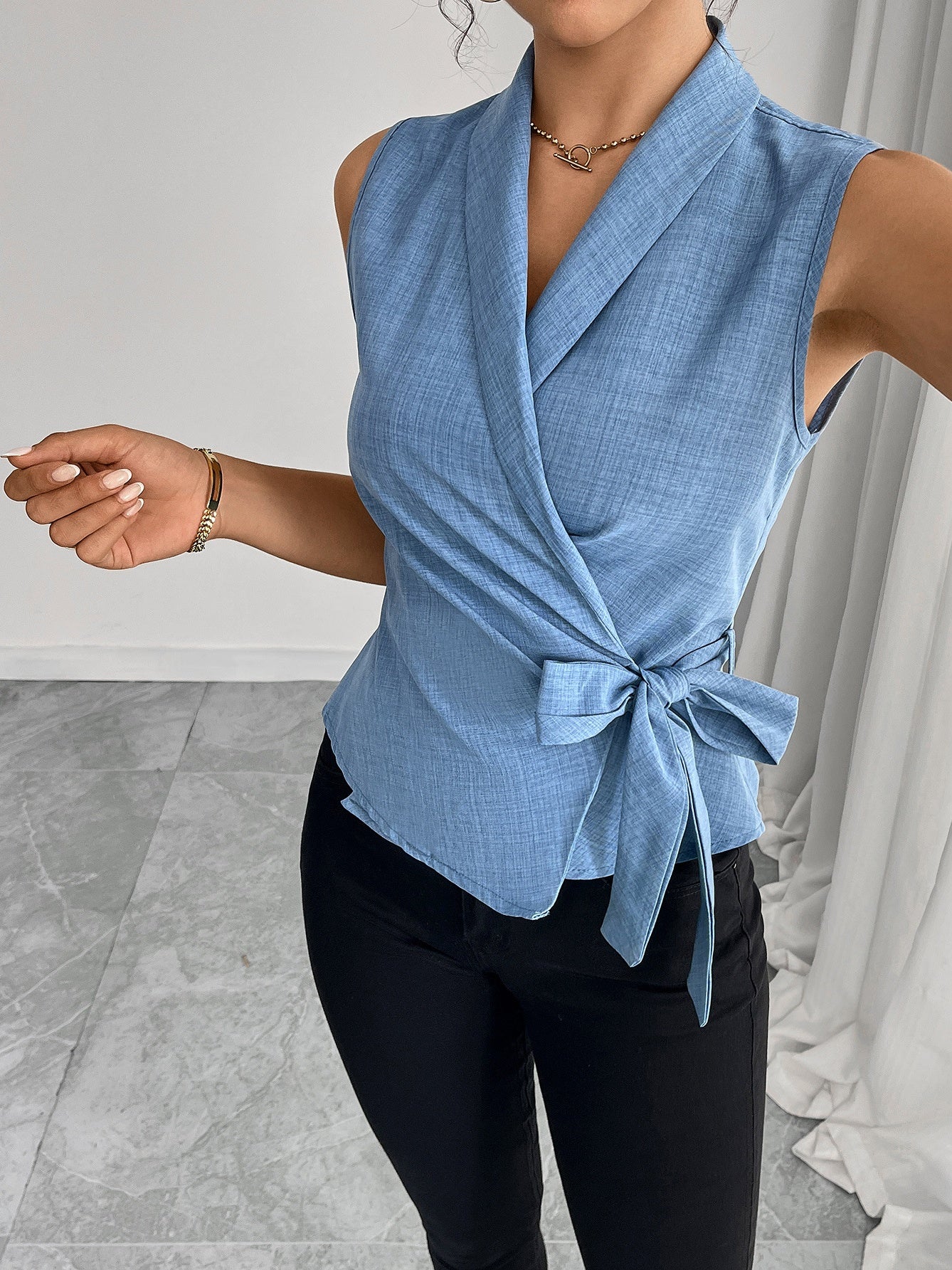 Sky Blue Sleeveless Tank Top With Tie-up Details - Image 6