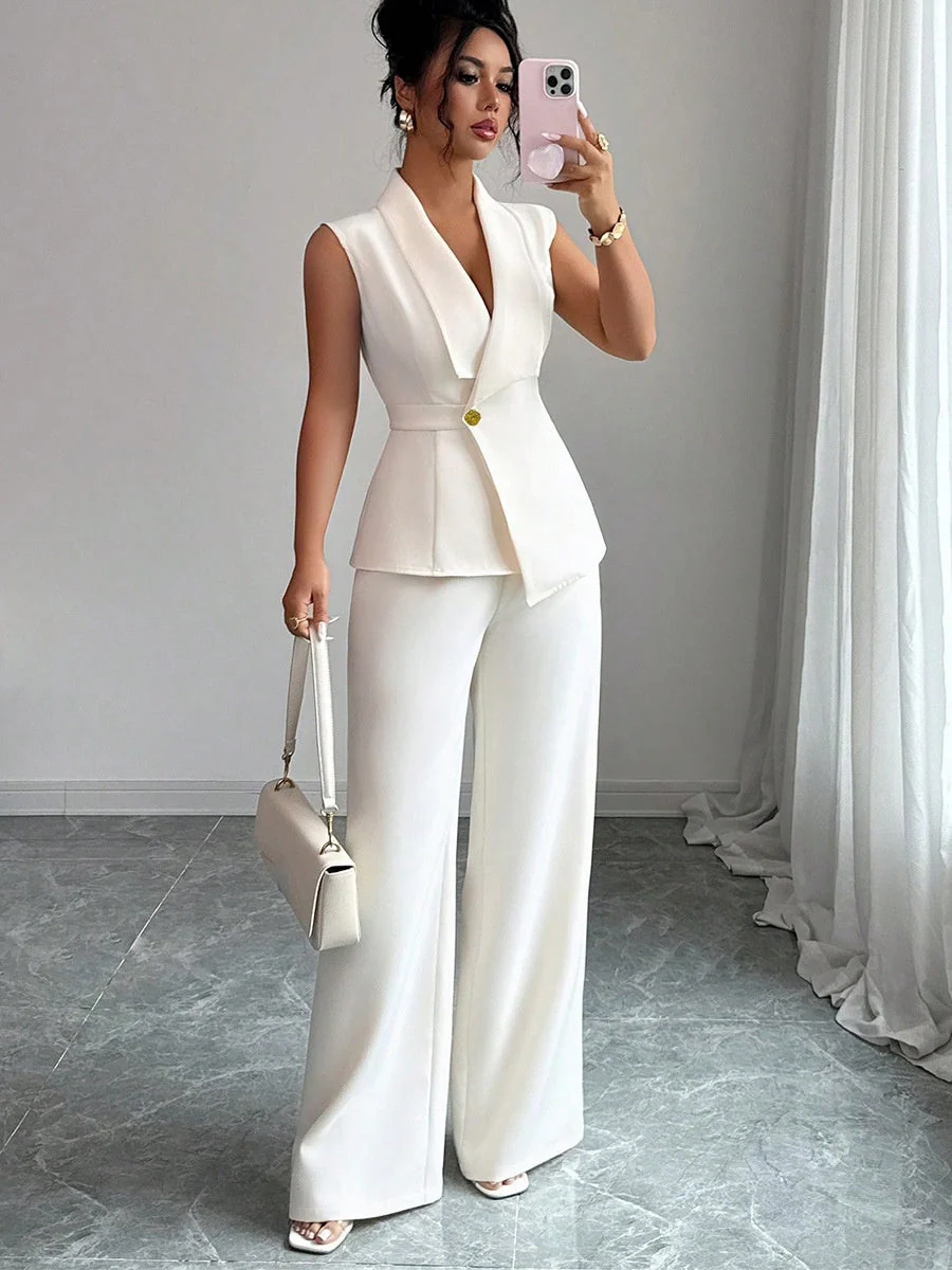 Buttons White V-neck Tank Tops Suit Trousers 2-piece Sets