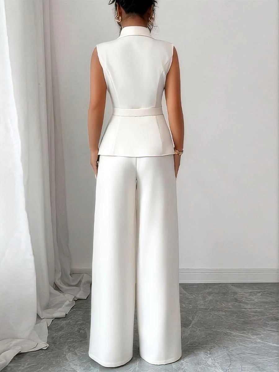 Buttons White V-neck Tank Tops Suit Trousers 2-piece Sets - Image 2