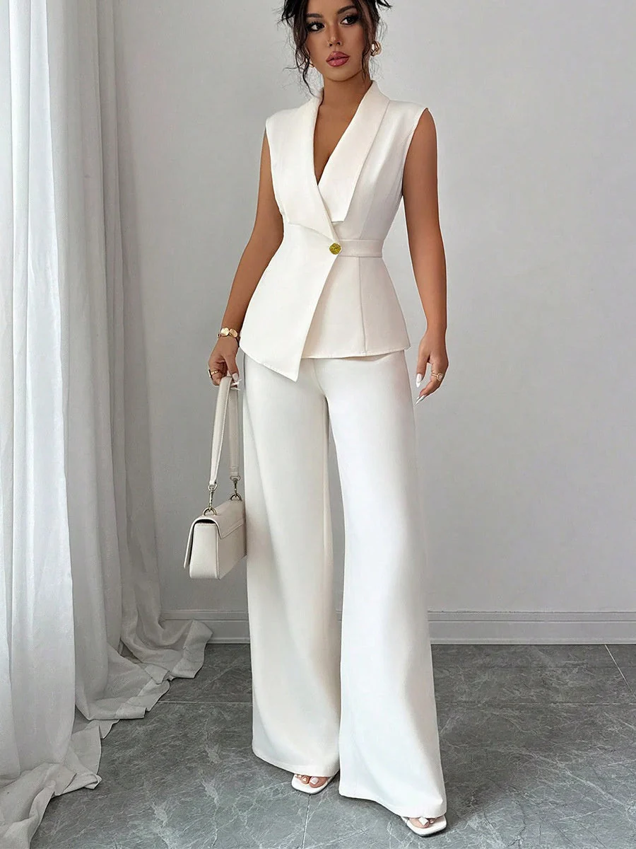 Buttons White V-neck Tank Tops Suit Trousers 2-piece Sets - Image 3