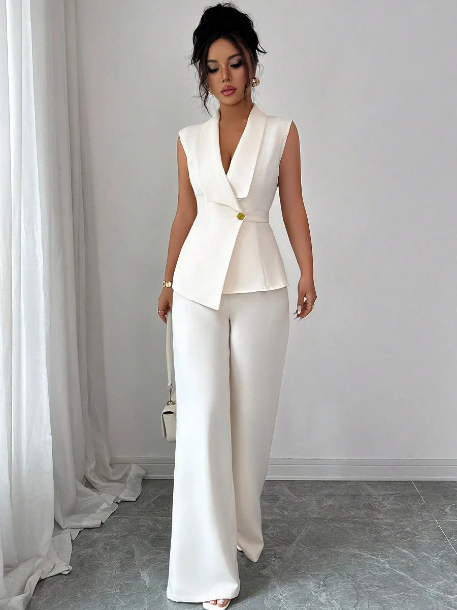 Buttons White V-neck Tank Tops Suit Trousers 2-piece Sets - Image 4