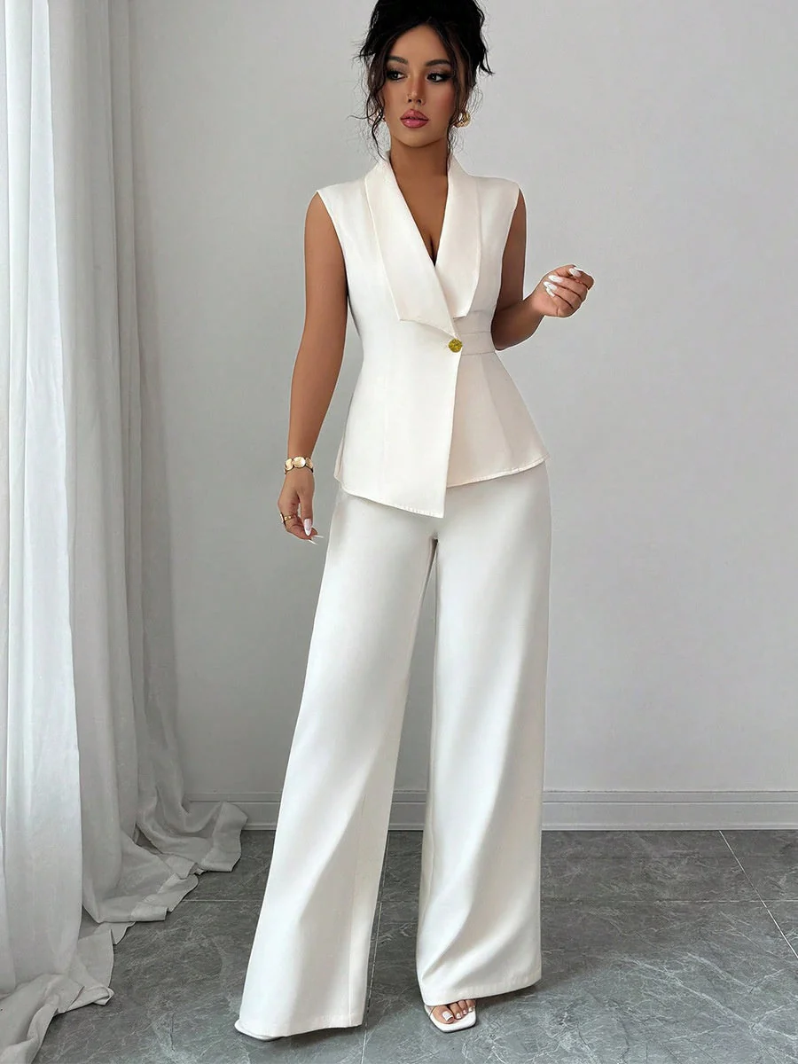 Buttons White V-neck Tank Tops Suit Trousers 2-piece Sets - Image 5