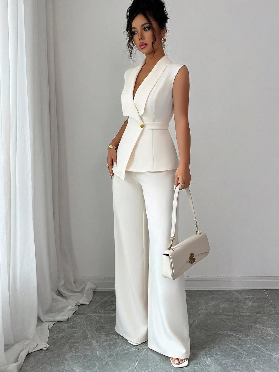 Buttons White V-neck Tank Tops Suit Trousers 2-piece Sets - Image 6