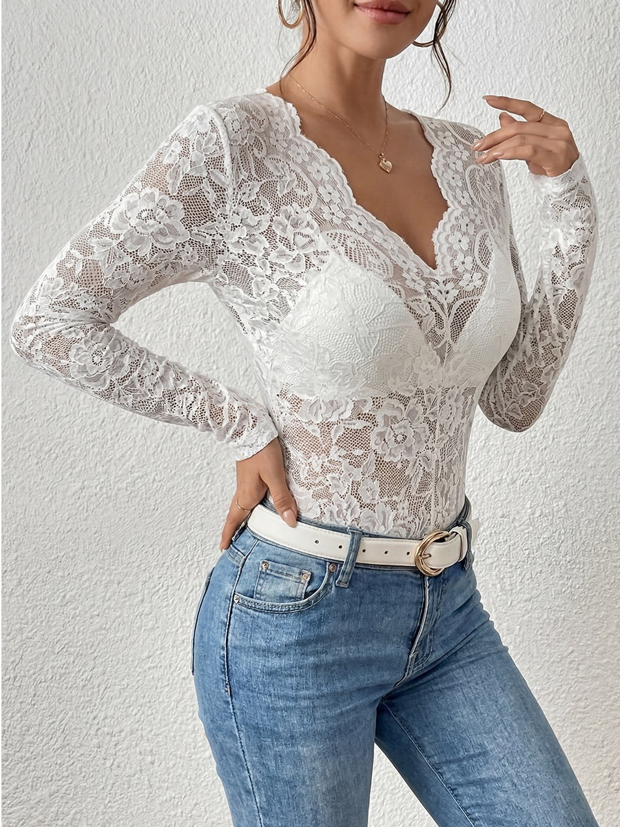 Lace-trimmed Long-sleeved Sheer Top - Image 11