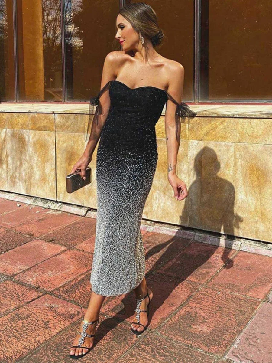 V-neck Sequins Evening Gown Raglan Sleeve Gradient Maxi Dresses - Image 2
