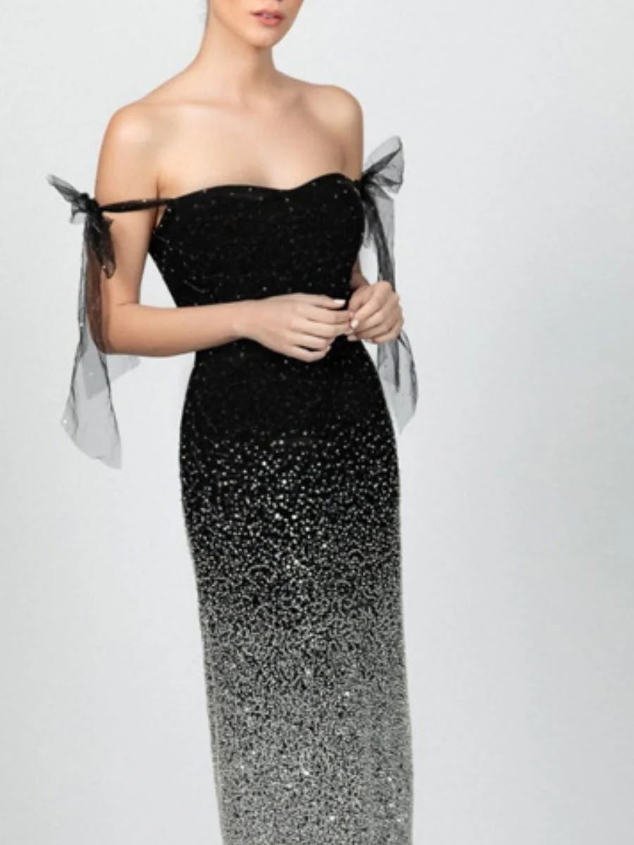 V-neck Sequins Evening Gown Raglan Sleeve Gradient Maxi Dresses - Image 3