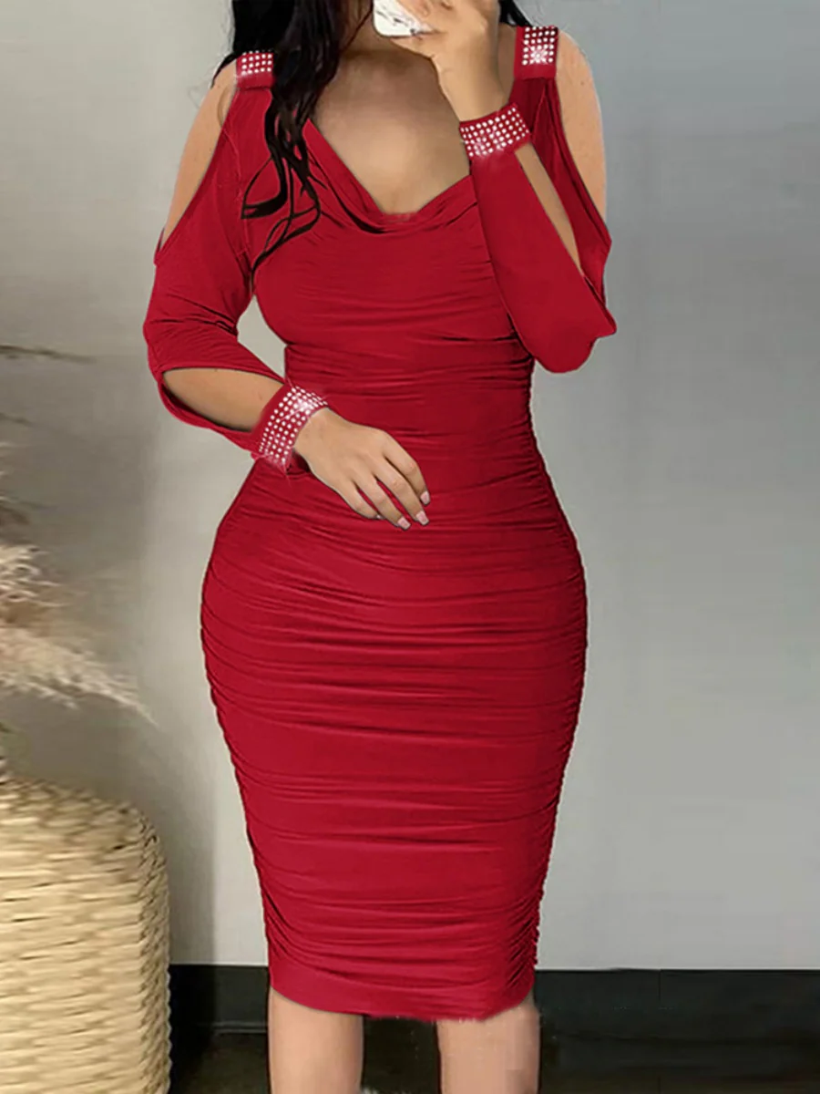 Rhinestone-studded Off-shoulder Hip-hugging Formal Dress Midi Dresses - Image 3