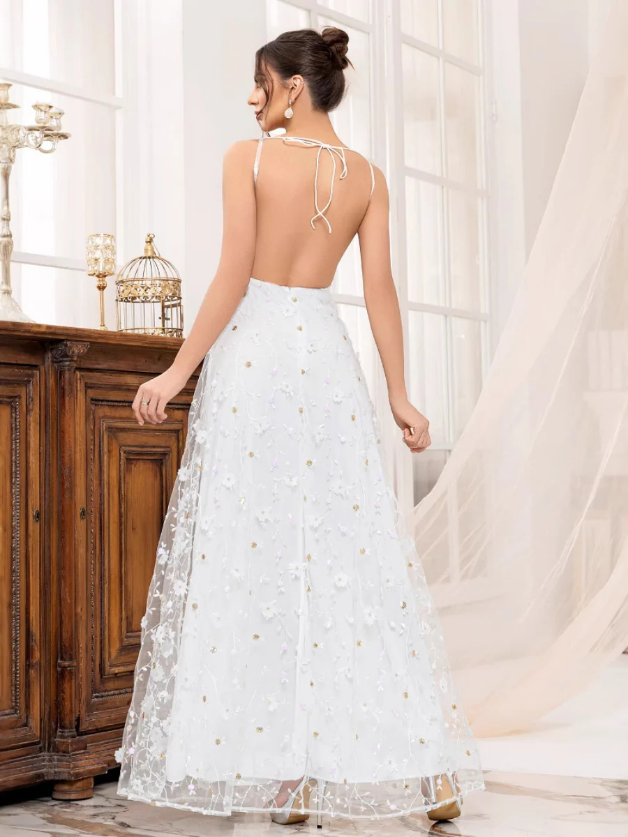 Deep V-neck Wedding Dress Applique Multi-story Maxi Dresses - Image 2