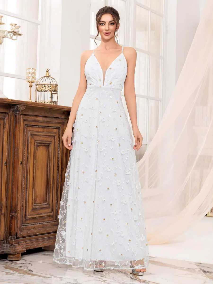 Deep V-neck Wedding Dress Applique Multi-story Maxi Dresses - Image 3