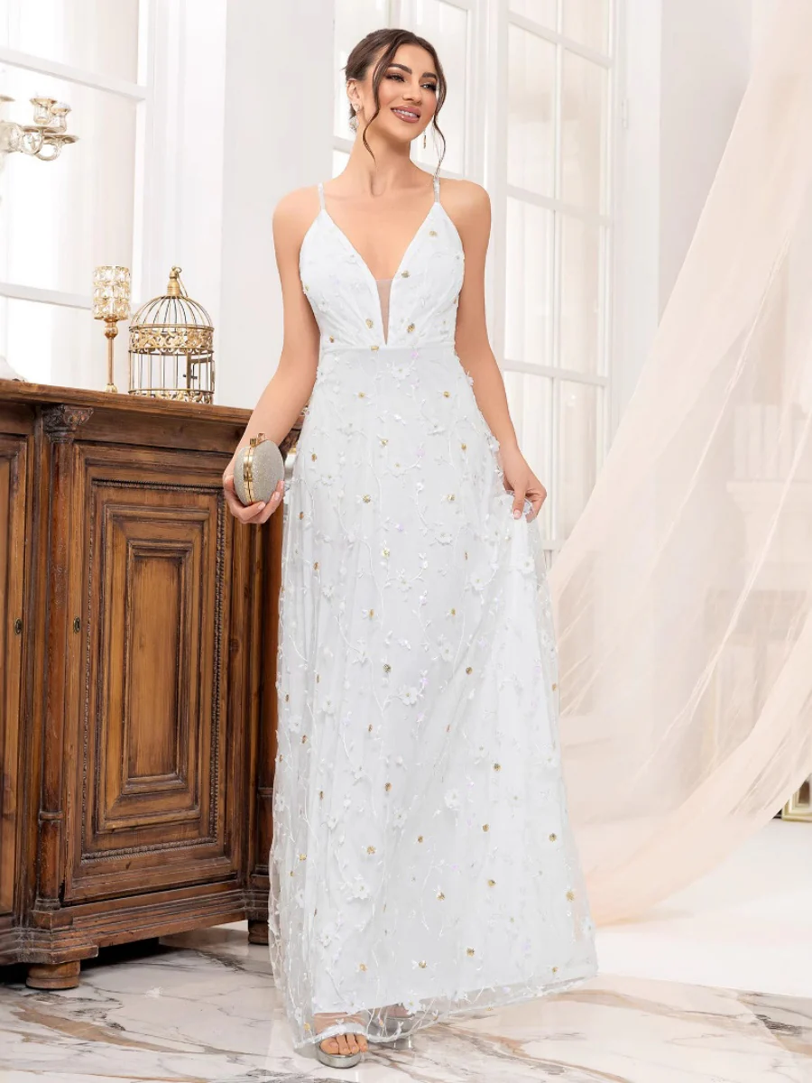 Deep V-neck Wedding Dress Applique Multi-story Maxi Dresses - Image 4