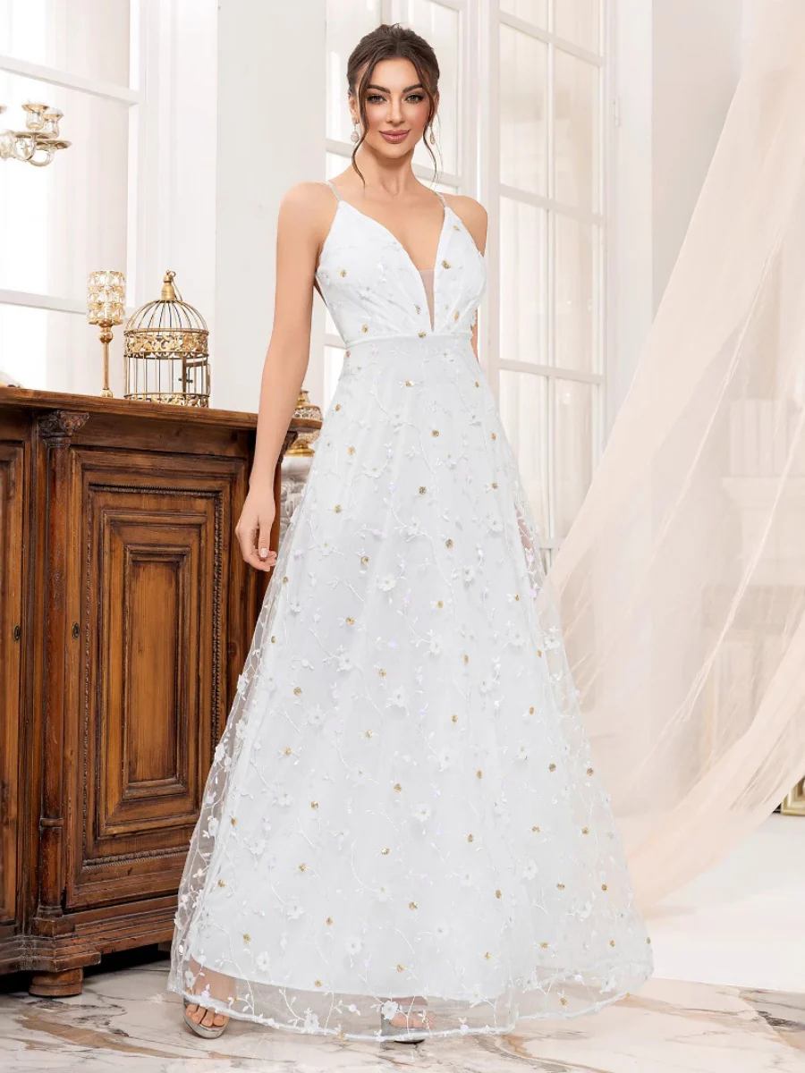 Deep V-neck Wedding Dress Applique Multi-story Maxi Dresses - Image 5