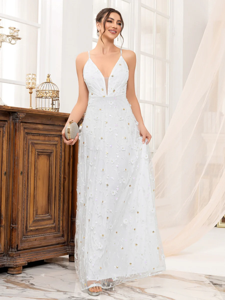 Deep V-neck Wedding Dress Applique Multi-story Maxi Dresses - Image 6