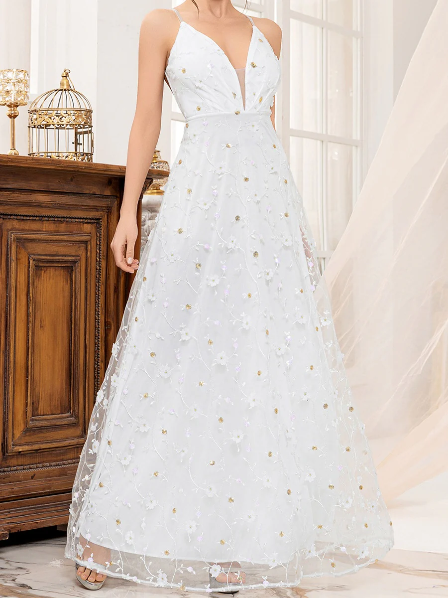 Deep V-neck Wedding Dress Applique Multi-story Maxi Dresses - Image 9