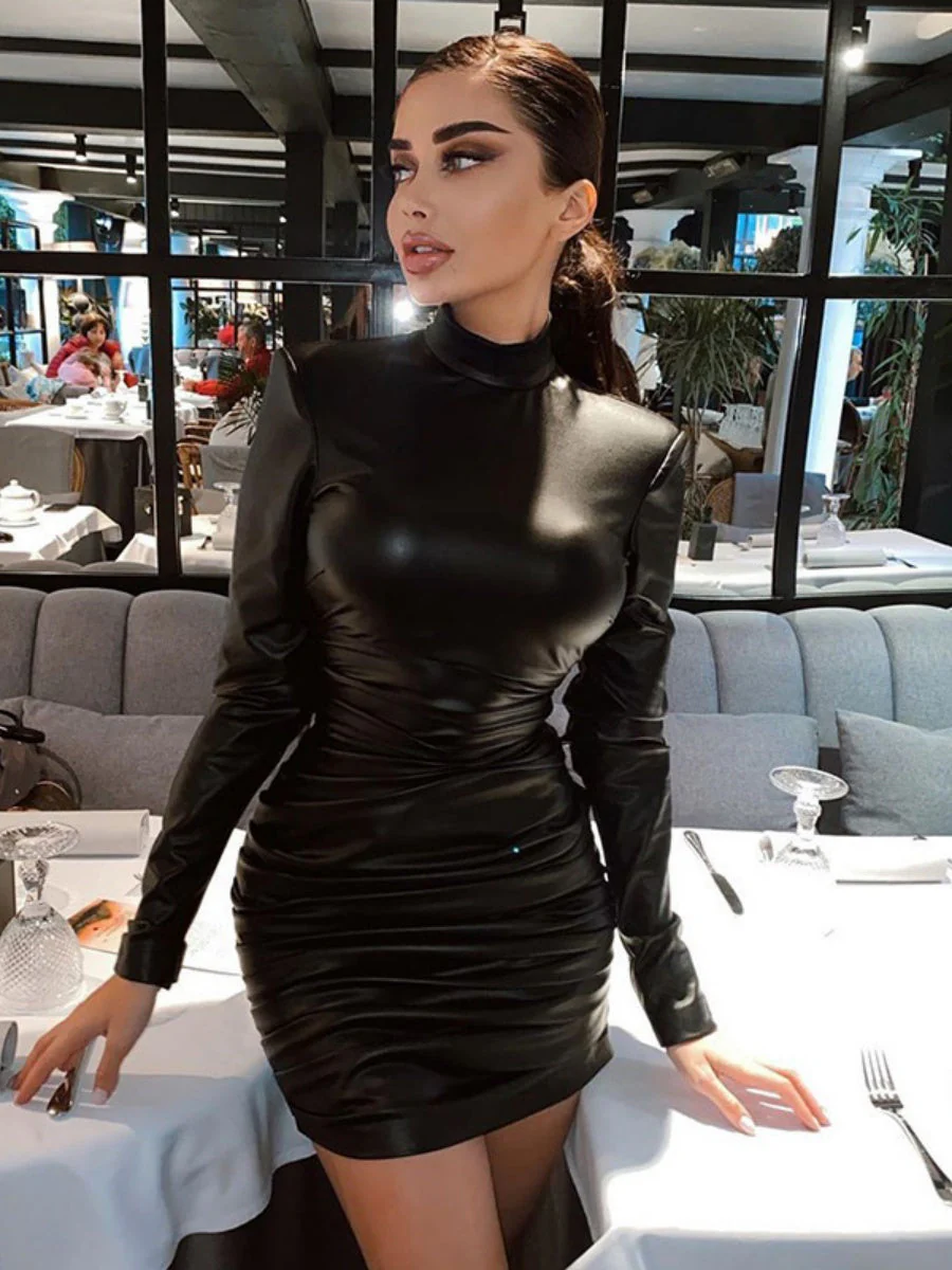 PU Leather Wrinkles Long Sleeve Hip-hugging Mini&Short Dresses - Image 2