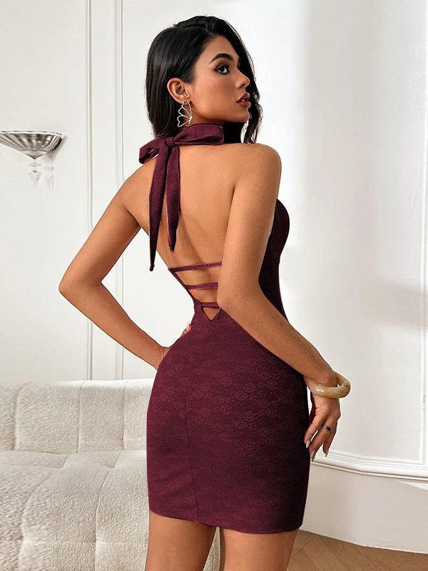 Lace Cutout Backless Halter Neck Bodycon Short Dress - Image 2