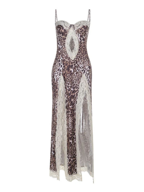 Lace-trimmed Leopard Print Slit Halter Dress - Image 10