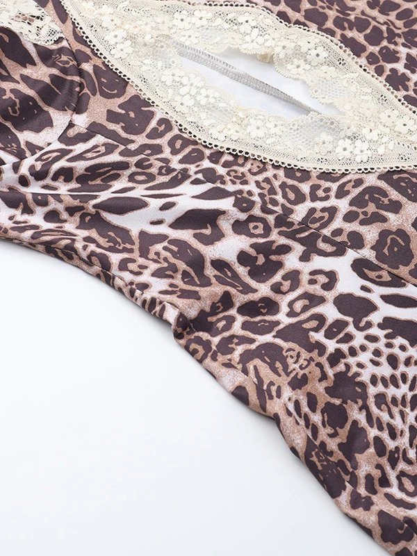 Lace-trimmed Leopard Print Slit Halter Dress - Image 7