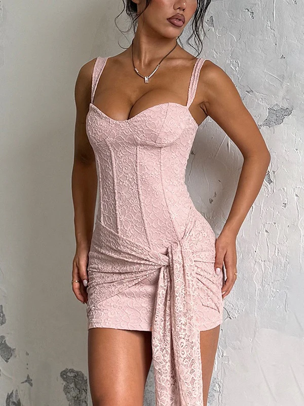 Fishbone Lace Ribbon Sexy Backless Suspender Short Dress