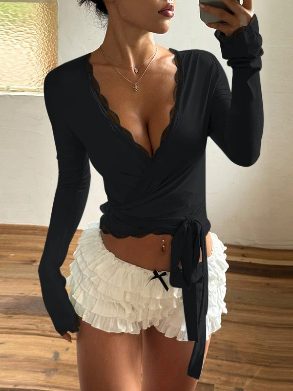 Lace-trimmed V-neck Tie-up Long Sleeves T-shirts - Image 13