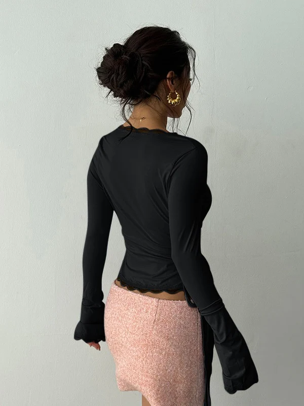 Lace-trimmed V-neck Tie-up Long Sleeves T-shirts - Image 15