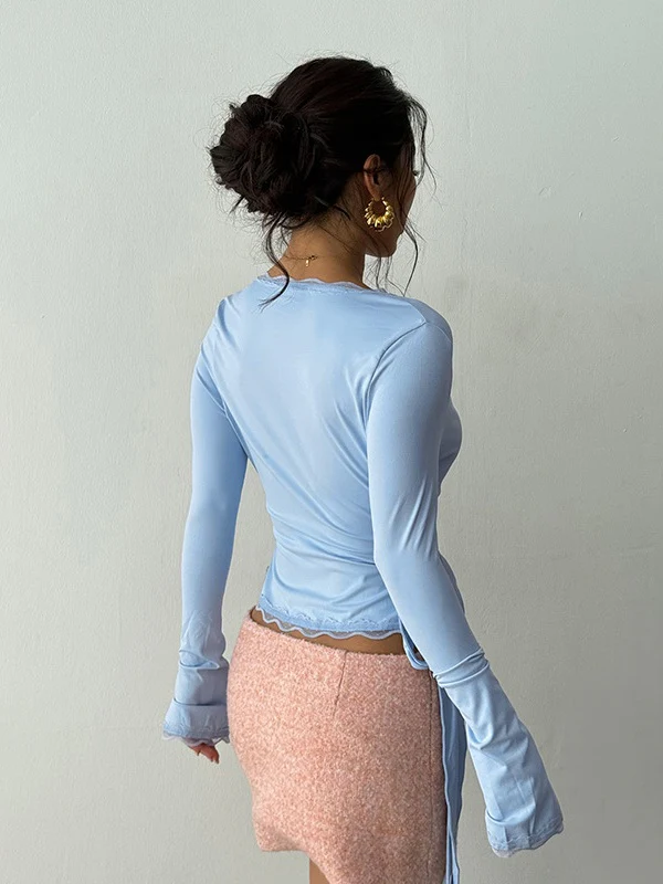 Lace-trimmed V-neck Tie-up Long Sleeves T-shirts - Image 2