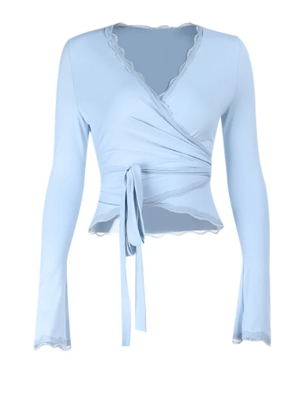 Lace-trimmed V-neck Tie-up Long Sleeves T-shirts - Image 9