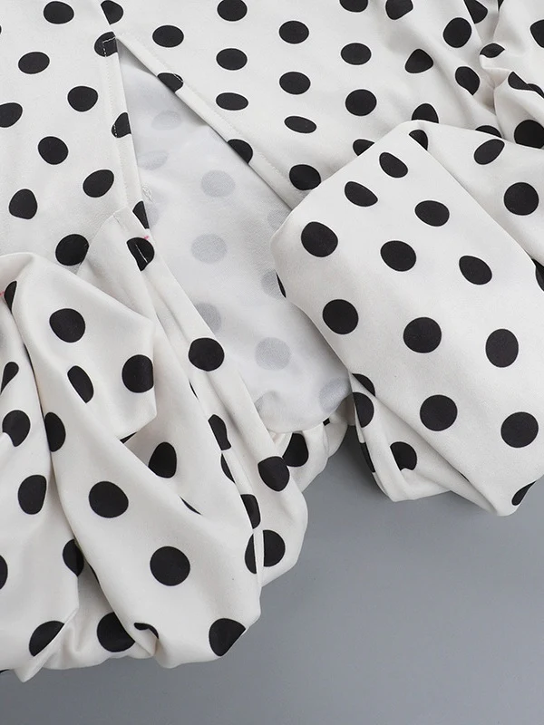 Polka Dot Fitted Ruched Skirt Midi Dress - Image 10
