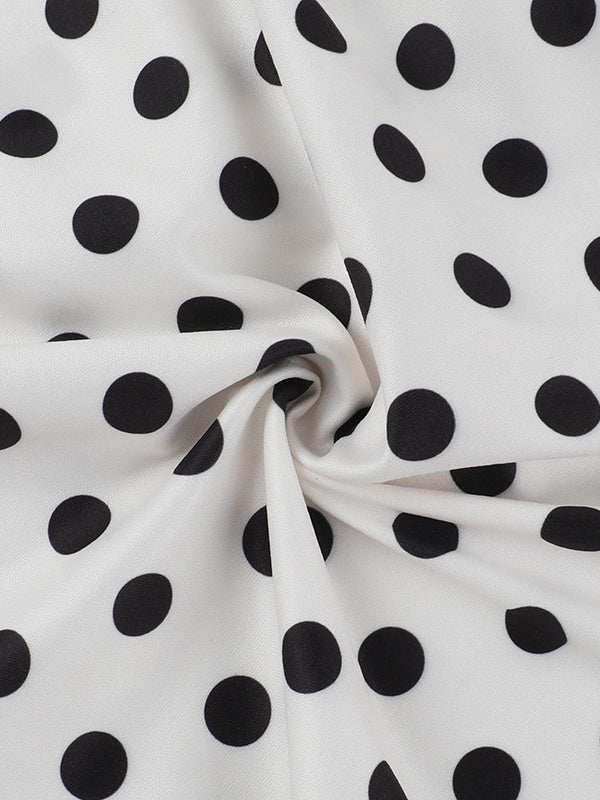 Polka Dot Fitted Ruched Skirt Midi Dress - Image 11