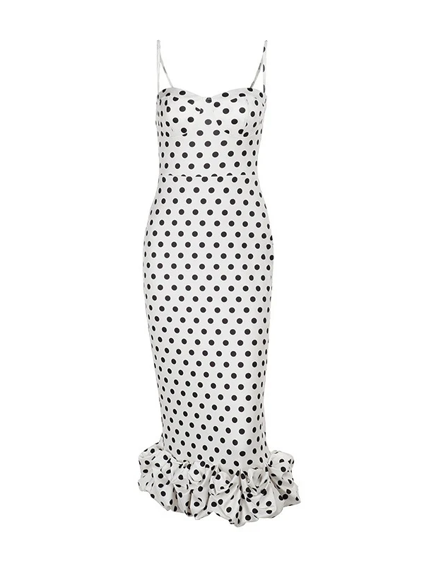 Polka Dot Fitted Ruched Skirt Midi Dress - Image 12