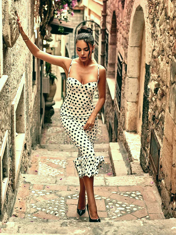 Polka Dot Fitted Ruched Skirt Midi Dress - Image 6