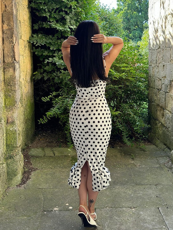 Polka Dot Fitted Ruched Skirt Midi Dress - Image 7